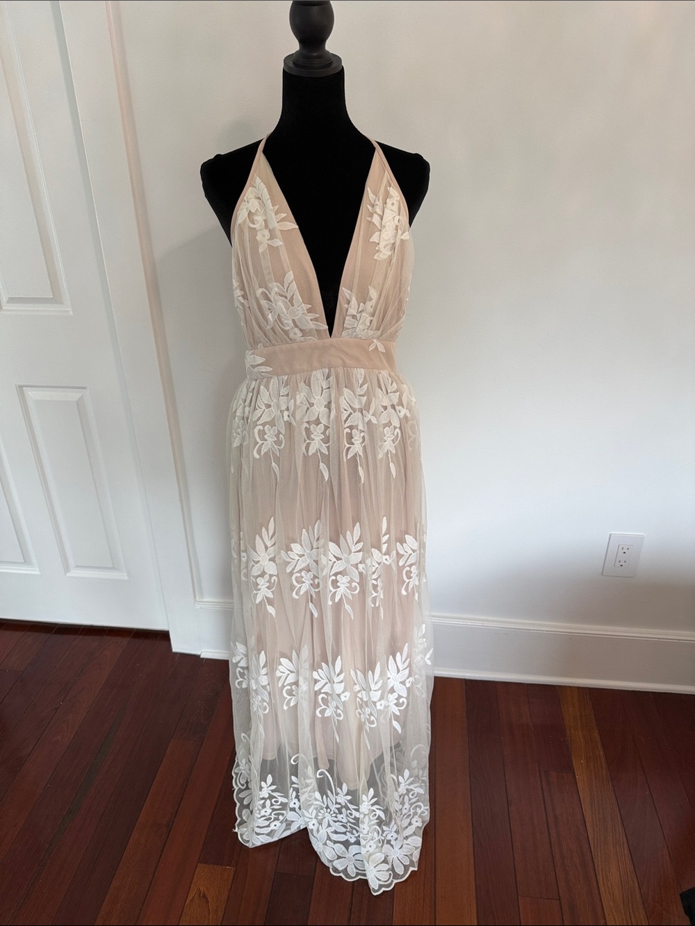 Nude Halter Maxi Dress with White Floral Lace